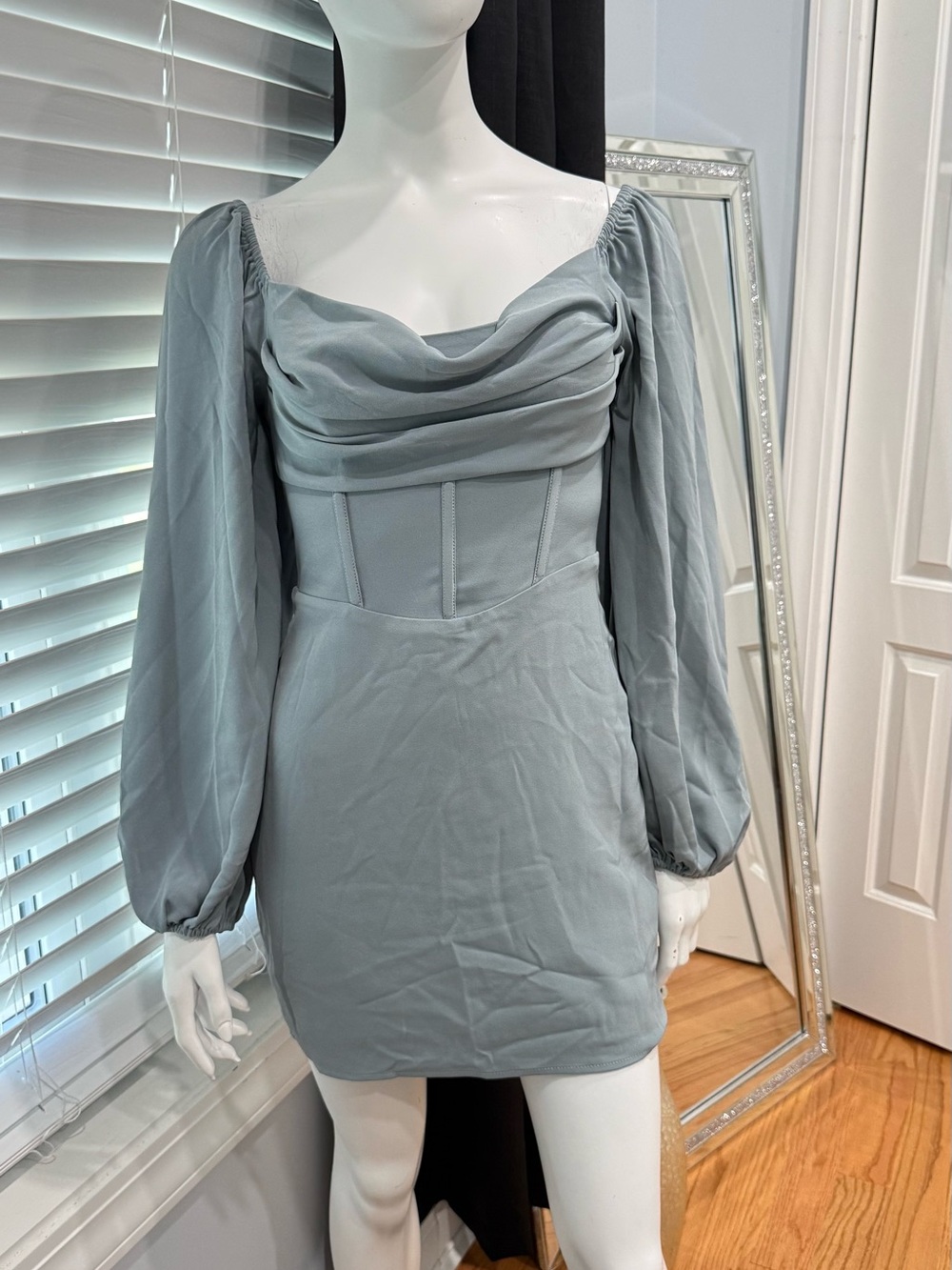 Oh Polly Dusty Blue Draped Square-Neck Long-Sleeve Mini Dress